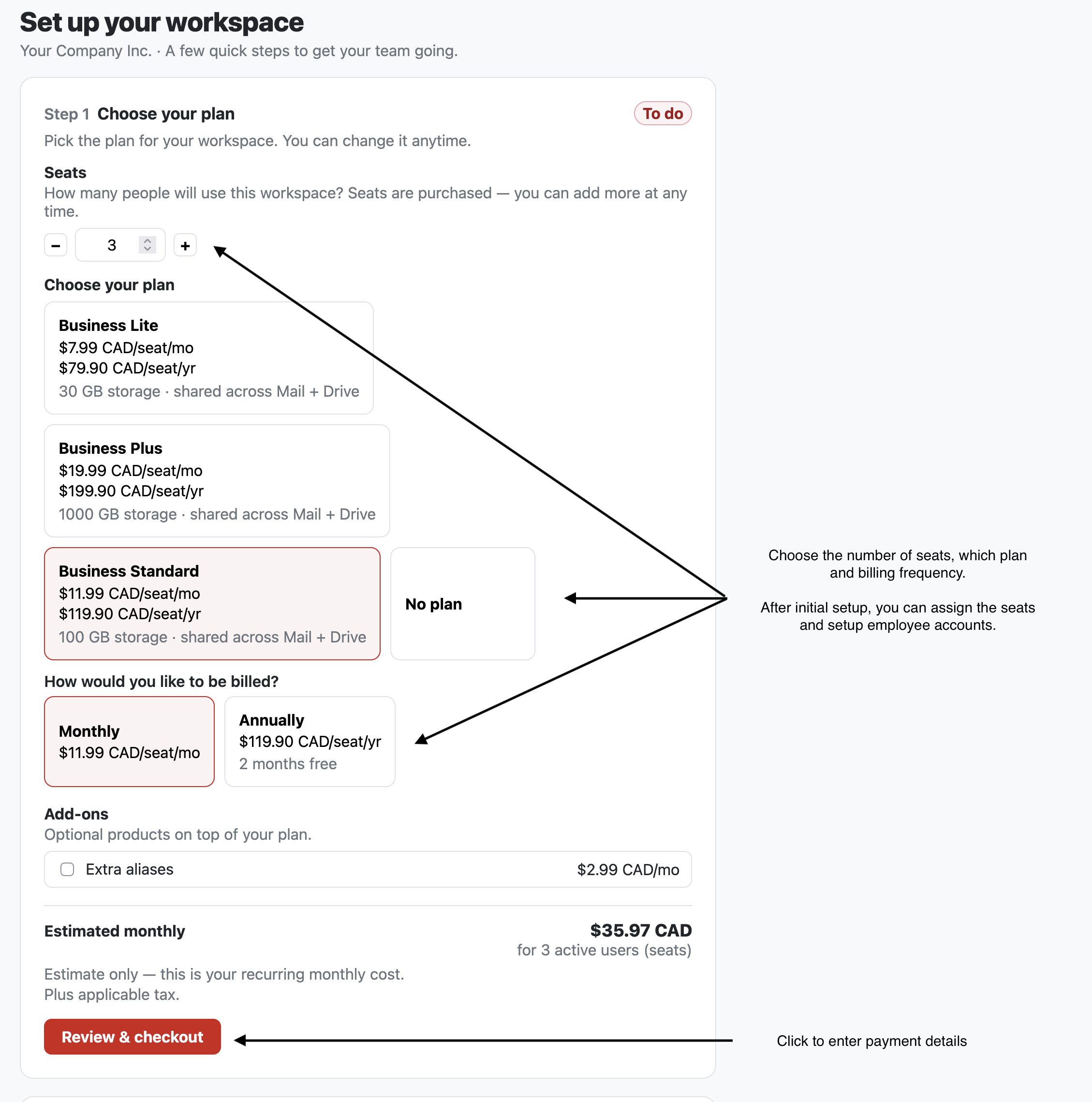 Choose seats, a plan and how you're billed