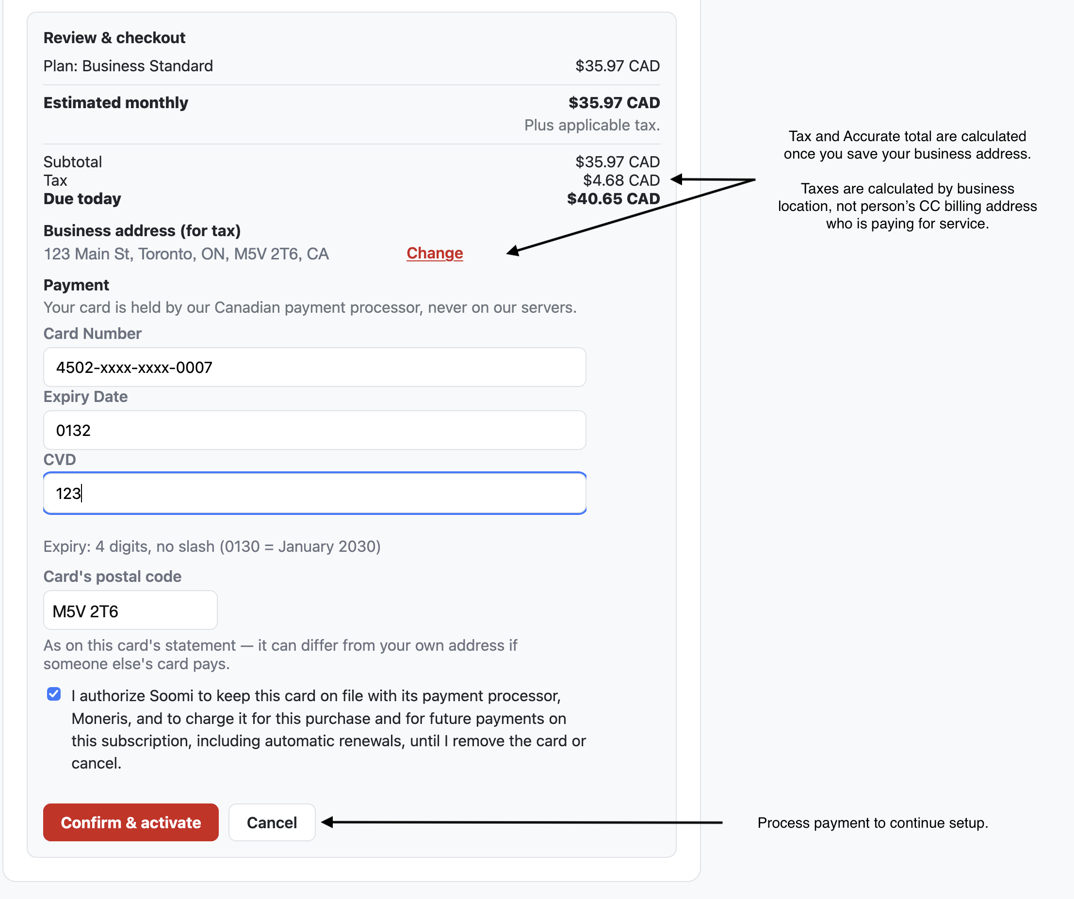 Review and checkout, with tax calculated from the business address
