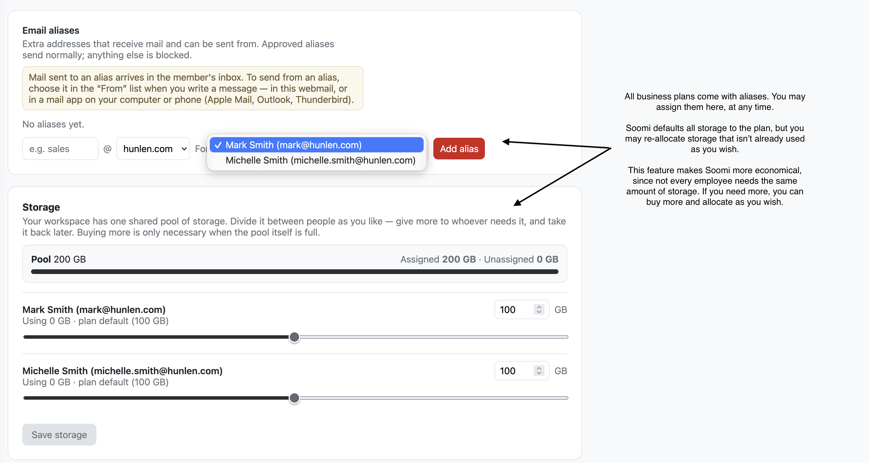 Email aliases and the shared storage pool